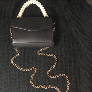 Pearl Handle Small Black Crossbody With Detachable Gold Chain